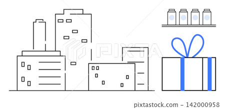 Urban development, corporate gifting, industrial supply, packaging, economic growth, consumer goods. Outline of buildings, gift box jars on shelf. Urban development and corporate gifting concept 142000958