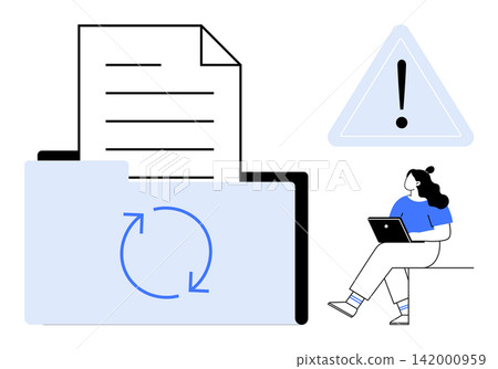 Data organization, file synchronization, digital storage, error notifications, workflow management, technology solutions. A folder with sync icon, document alert sign and person using laptop. File Data organization, file synchronization, digital storage, error notifications, workflow management, technology solutions. A folder with sync icon, document alert sign and person using laptop. File 142000959