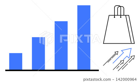 Business analytics, sales growth, e-commerce, marketing trends, financial success, upward progress. Bar chart, shopping bag and arrows. Business analytics and sales growth concept Business analytics, sales growth, e-commerce, marketing trends, financial success, upward progress. Bar chart, shopping bag and arrows. Business analytics and sales growth concept 142000964