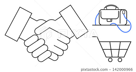 Business partnerships, retail commerce, professional services, collaboration, online businesses, corporate operations. Handshake, briefcase and shopping cart icons with clean lines. Business Business partnerships, retail commerce, professional services, collaboration, online businesses, corporate operations. Handshake, briefcase and shopping cart icons with clean lines. Business 142000966