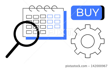 E-commerce, workflow optimization, online shopping, task management, business analysis, user experience. A magnifying glass, calendar gear and buy button design. Workflow optimization 142000967