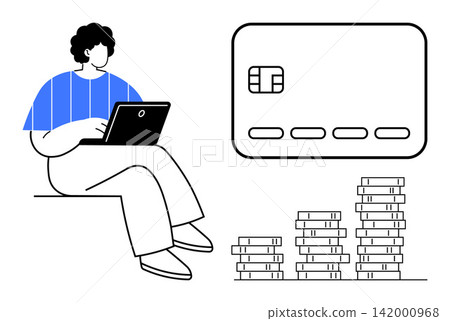 Digital payments, e-commerce, financial planning, online banking, credit management, virtual transactions. Person using laptop near large credit card and stacked coins. Digital payments Digital payments, e-commerce, financial planning, online banking, credit management, virtual transactions. Person using laptop near large credit card and stacked coins. Digital payments 142000968