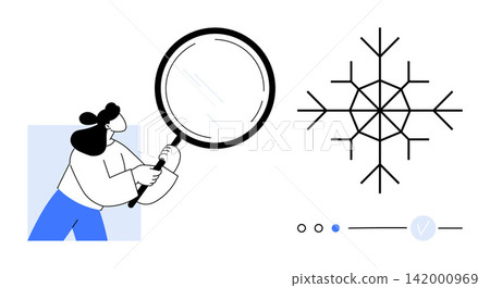 Research, exploration, data analysis, winter theme, science, study. Woman holding a magnifying glass examining a snowflake with interface elements. Research and exploration visually Research, exploration, data analysis, winter theme, science, study. Woman holding a magnifying glass examining a snowflake with interface elements. Research and exploration visually 142000969
