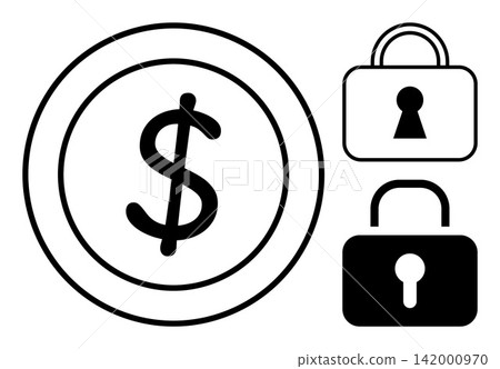 Financial security, payment protection, cybersecurity, savings, secure transactions, technology privacy. Dollar symbol and two padlocks. Financial security and payment protection concepts Financial security, payment protection, cybersecurity, savings, secure transactions, technology privacy. Dollar symbol and two padlocks. Financial security and payment protection concepts 142000970