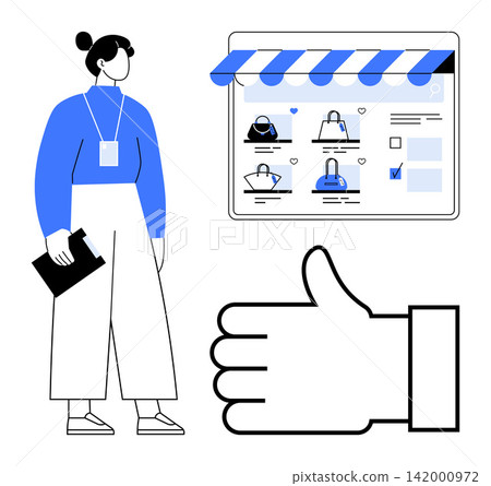 E-commerce, online shopping, digital marketing, product reviews, customer satisfaction, retail. Woman standing with clipboard near a storefront interface and thumbs-up icon. E-commerce and online E-commerce, online shopping, digital marketing, product reviews, customer satisfaction, retail. Woman standing with clipboard near a storefront interface and thumbs-up icon. E-commerce and online 142000972