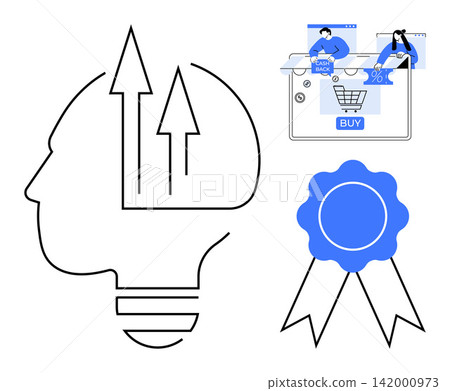 Innovation, e-commerce trends, consumer behavior, certification, excellence, quality assurance. Outline of a head with arrows, shopping interface and a ribbon badge. Innovation and e-commerce trends 142000973
