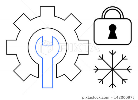 Maintenance, security, seasonal tasks, repair services, cold climate operations, service tools. A gear with a wrench, a padlock and a snowflake. Maintenance and security concepts Maintenance, security, seasonal tasks, repair services, cold climate operations, service tools. A gear with a wrench, a padlock and a snowflake. Maintenance and security concepts 142000975