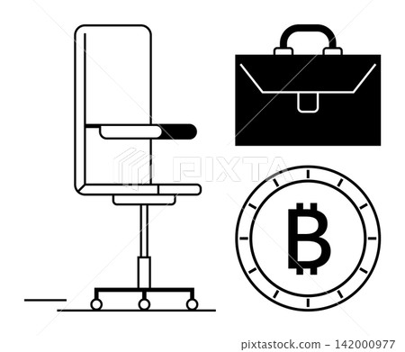 Cryptocurrency, business tools, finance, modern workspaces, digital economy, blockchain. Black swivel chair, briefcase and Bitcoin symbol. Cryptocurrency and business tools concept Cryptocurrency, business tools, finance, modern workspaces, digital economy, blockchain. Black swivel chair, briefcase and Bitcoin symbol. Cryptocurrency and business tools concept 142000977