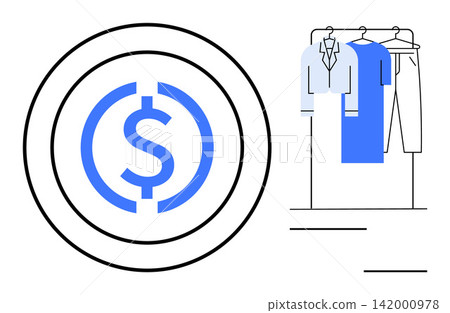E-commerce, digital payments, clothing retail, financial transactions, fashion industry, online shopping. Dollar sign icon paired with hanging clothing. E-commerce and digital payments concept E-commerce, digital payments, clothing retail, financial transactions, fashion industry, online shopping. Dollar sign icon paired with hanging clothing. E-commerce and digital payments concept 142000978