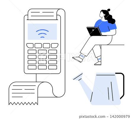 Financial technology, e-commerce, remote work, online business, modern lifestyle, gardening. Contactless payment device, seated woman on laptop and a watering can. Financial technology Financial technology, e-commerce, remote work, online business, modern lifestyle, gardening. Contactless payment device, seated woman on laptop and a watering can. Financial technology 142000979