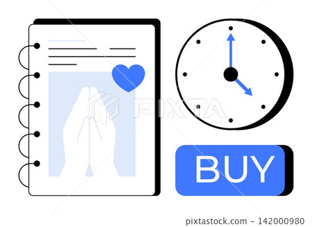 Spirituality, mindfulness, e-commerce, scheduling, productivity, online purchases. A notebook with prayer hands, a clock and a buy button. Spirituality and e-commerce concept Spirituality, mindfulness, e-commerce, scheduling, productivity, online purchases. A notebook with prayer hands, a clock and a buy button. Spirituality and e-commerce concept 142000980