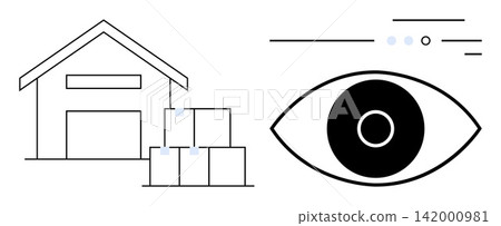 Logistics, security systems, inventory management, supply chain, warehouse monitoring, efficiency. A warehouse with boxes and an eye symbol suggesting surveillance. Logistics and security systems Logistics, security systems, inventory management, supply chain, warehouse monitoring, efficiency. A warehouse with boxes and an eye symbol suggesting surveillance. Logistics and security systems 142000981