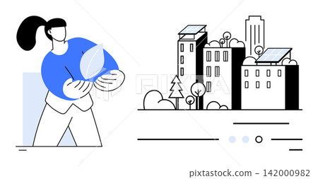 Environmental sustainability, renewable energy, eco-conscious lifestyle, urban ecology, clean energy solutions, green architecture. Woman holding a sustainable symbol and eco-friendly cityscape Environmental sustainability, renewable energy, eco-conscious lifestyle, urban ecology, clean energy solutions, green architecture. Woman holding a sustainable symbol and eco-friendly cityscape 142000982