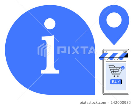 E-commerce, online shopping, mobile retail, customer guidance, digital navigation, store locator. Blue information icon with a shopping app and a location pin. E-commerce and online shopping elements E-commerce, online shopping, mobile retail, customer guidance, digital navigation, store locator. Blue information icon with a shopping app and a location pin. E-commerce and online shopping elements 142000983