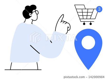 Online shopping, location tracking, e-commerce, navigation, digital services, delivery systems. A person pointing to a shopping cart and location pin. Online shopping and location tracking concept Online shopping, location tracking, e-commerce, navigation, digital services, delivery systems. A person pointing to a shopping cart and location pin. Online shopping and location tracking concept 142000984