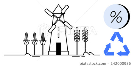 Sustainability, renewable energy, eco farming, efficiency, environmental conservation, recycling processes. Windmill with corn and wheat, percentage symbol blue recycling icon. Sustainability Sustainability, renewable energy, eco farming, efficiency, environmental conservation, recycling processes. Windmill with corn and wheat, percentage symbol blue recycling icon. Sustainability 142000986