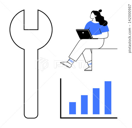 Data analysis, business improvement, technology tools, strategy planning, productivity, and development. Wrench, bar graph and woman with laptop. Business improvement and technology tools concept Data analysis, business improvement, technology tools, strategy planning, productivity, and development. Wrench, bar graph and woman with laptop. Business improvement and technology tools concept 142000987