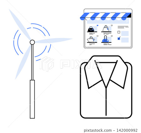 Renewable energy, e-commerce, sustainability, technology, eco-friendly practices, modern business. A wind turbine, online shopping interface and shirt design. Renewable energy and e-commerce concept Renewable energy, e-commerce, sustainability, technology, eco-friendly practices, modern business. A wind turbine, online shopping interface and shirt design. Renewable energy and e-commerce concept 142000992