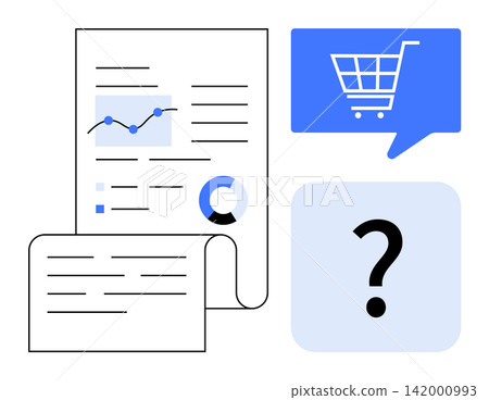 Business analysis, e-commerce, decision-making, data visualization, report generation, problem-solving. Visual includes document with graphs, shopping cart icon and question mark. Data analysis Business analysis, e-commerce, decision-making, data visualization, report generation, problem-solving. Visual includes document with graphs, shopping cart icon and question mark. Data analysis 142000993
