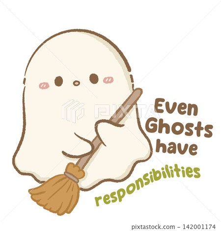 Cute Chibi Ghost Sweeping with Broom Even Ghosts Have Responsibilities Funny Halloween Chores Illustration 142001174