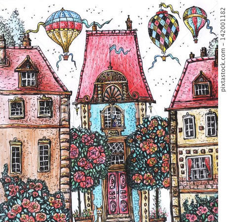 Hand drawn whimsical illustration of a charming street with colorful houses, blooming roses and hot air balloons, creating a romantic fairy tale city scene in a vintage sketch style Hand drawn whimsical illustration of a charming street with colorful houses, blooming roses and hot air balloons, creating a romantic fairy tale city scene in a vintage sketch style 142001182
