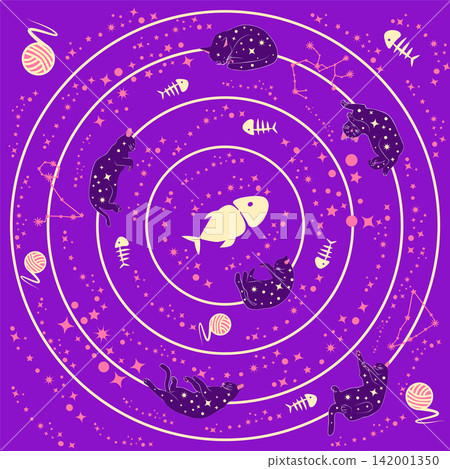 The Universe of Cats. Cats are like planets in orbit around the main star, fish, a ball of thread. Purple Print The Universe of Cats. Cats are like planets in orbit around the main star, fish, a ball of thread. Purple Print 142001350