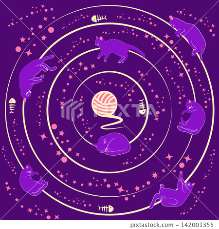 The Universe of Cats. Cats are like planets in orbit around the main star, fish, a ball of thread. Purple Print The Universe of Cats. Cats are like planets in orbit around the main star, fish, a ball of thread. Purple Print 142001355