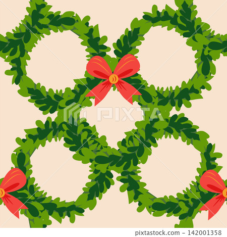 Christmas wreath with red bow seamless pattern. Christmas wreath with red bow seamless pattern. 142001358