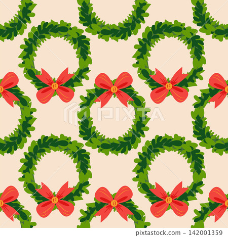 Christmas wreath with red bow seamless pattern. Christmas wreath with red bow seamless pattern. 142001359
