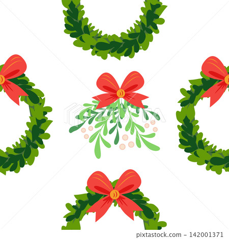 Christmas wreath with red bow seamless pattern. Christmas wreath with red bow seamless pattern. 142001371