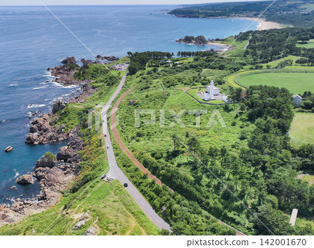 青森縣八戶市種佐海岸夏季景色鳥瞰圖 142001670