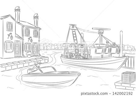 Fishing Boats in Burano Venice Italy Black and White Vector Illustration Fishing Boats in Burano Venice Italy Black and White Vector Illustration 142002192