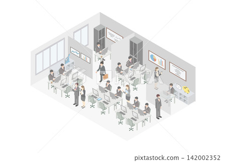 Isometric illustration of a person in a business office setting, depicting work, occupation, working, business person, landscape, and stock image. Isometric illustration of a person in a business office setting, depicting work, occupation, working, business person, landscape, and stock image. 142002352