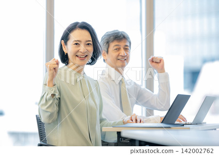 A man and a woman working on laptops in an office. A man and a woman working on laptops in an office. 142002762