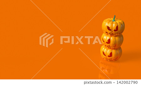 Stacked Scary Halloween Pumpkins on Bright Orange Background 3d render. 142002790