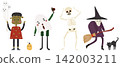Halloween Cartoon Characters Set with Witch, Ghosts, Skeleton and Black Cat 142003211