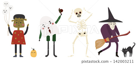 Halloween Cartoon Characters Set with Witch, Ghosts, Skeleton and Black Cat Halloween Cartoon Characters Set with Witch, Ghosts, Skeleton and Black Cat 142003211