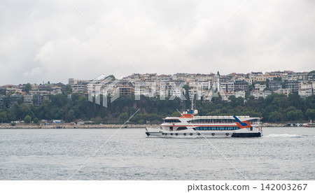A ferry navigates smoothly on the Bosphorus, with a residential area visible along the shoreline under overcast skies. A ferry navigates smoothly on the Bosphorus, with a residential area visible along the shoreline under overcast skies. 142003267