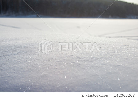 Snow-covered terrain with a sparkling surface in the foreground, blurred trees in the background, creating a serene winter landscape Snow-covered terrain with a sparkling surface in the foreground, blurred trees in the background, creating a serene winter landscape 142003268
