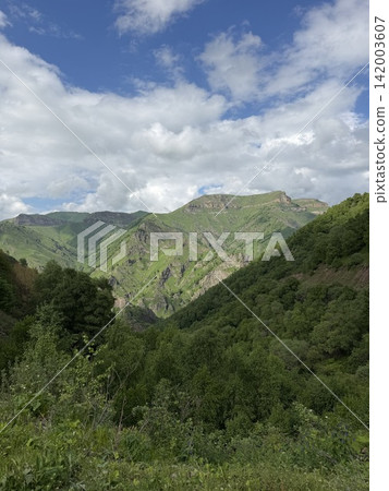 Lush green mountains rise under a partly cloudy sky, with dramatic cloud formations and a valley filled with dense trees in the foreground Lush green mountains rise under a partly cloudy sky, with dramatic cloud formations and a valley filled with dense trees in the foreground 142003607