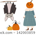 Cute Halloween illustration featuring a flying bat, a pumpkin headed girl in a blue dress, and two smiling pumpkins isolated on a white background 142003859
