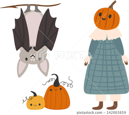 Cute Halloween illustration featuring a flying bat, a pumpkin headed girl in a blue dress, and two smiling pumpkins isolated on a white background Cute Halloween illustration featuring a flying bat, a pumpkin headed girl in a blue dress, and two smiling pumpkins isolated on a white background 142003859