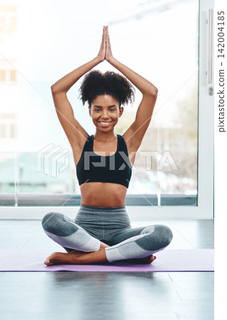 Portrait, yoga and home with woman, fitness and exercise with wellness, smile and body care. Face, person and girl with peace, training and breathing with progress, calm and chakra with meditation Portrait, yoga and home with woman, fitness and exercise with wellness, smile and body care. Face, person and girl with peace, training and breathing with progress, calm and chakra with meditation 142004185