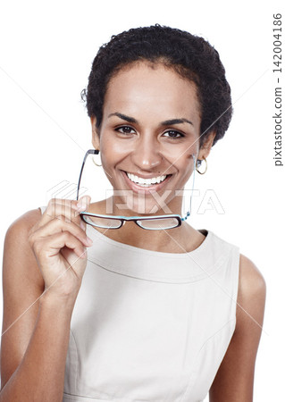 African woman, business and glasses in studio for career confidence and planning or ready to reading. Portrait of author, writer or editor in publishing job or project opportunity on white Background African woman, business and glasses in studio for career confidence and planning or ready to reading. Portrait of author, writer or editor in publishing job or project opportunity on white Background 142004186