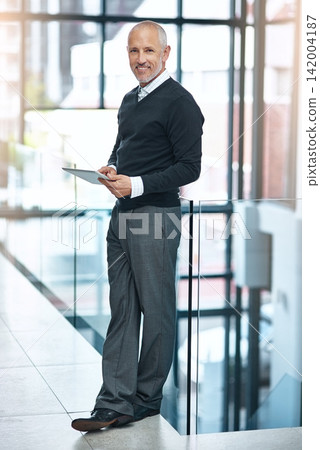 Lobby, portrait and mature man with tablet, pride and confidence in business opportunity. CEO, entrepreneur or happy businessman with online project management, company boss and digital app in office Lobby, portrait and mature man with tablet, pride and confidence in business opportunity. CEO, entrepreneur or happy businessman with online project management, company boss and digital app in office 142004187