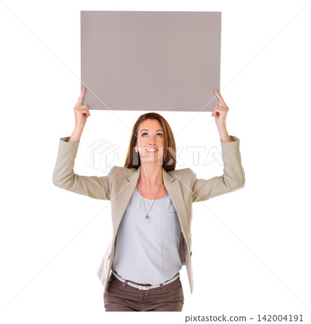 Poster, looking up and business woman on a white background for information, announcement and news. Professional, happy and isolated person with banner, billboard and sign for mockup space in studio Poster, looking up and business woman on a white background for information, announcement and news. Professional, happy and isolated person with banner, billboard and sign for mockup space in studio 142004191