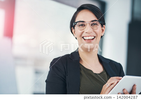 Woman, tablet and office in portrait with smile in confidence for editor job with tech. Female person, workplace and analytics with notepad in company for business with pride, digital and career 142004287