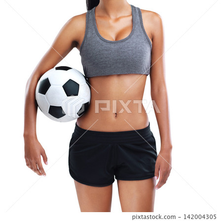Sports, soccer ball and body of woman in studio for health, wellness and exercise training. Football, fitness and female athlete with stomach for workout or practice isolated by white background. Sports, soccer ball and body of woman in studio for health, wellness and exercise training. Football, fitness and female athlete with stomach for workout or practice isolated by white background. 142004305