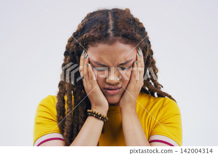 Woman, studio and stress with brain fog, burnout and anger at mistake or fail. Model, distressed or upset with problem, tension and frustration for fatigue and migraine or vertigo on white background Woman, studio and stress with brain fog, burnout and anger at mistake or fail. Model, distressed or upset with problem, tension and frustration for fatigue and migraine or vertigo on white background 142004314