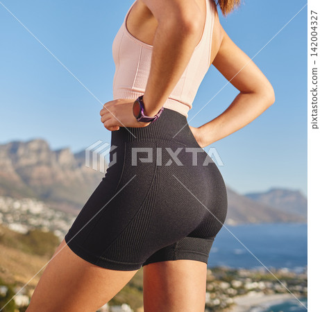 Runner, start and woman on mountain with fitness challenge, health and pride in wellness. Girl, back and training in hiking or relax on hill after exercise or workout in summer at sea in nature Runner, start and woman on mountain with fitness challenge, health and pride in wellness. Girl, back and training in hiking or relax on hill after exercise or workout in summer at sea in nature 142004327